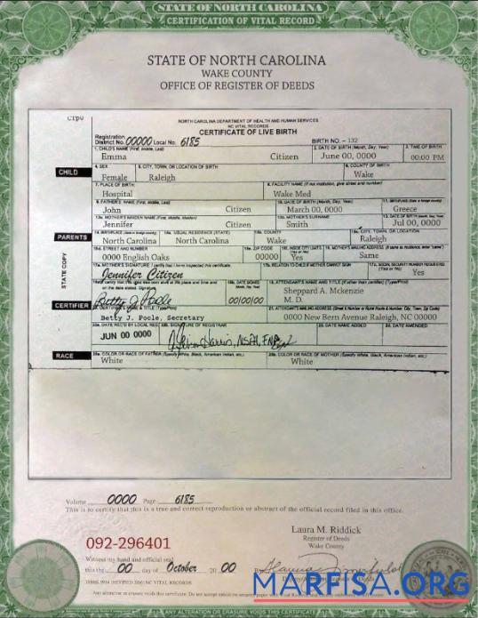Printable USA North Carolina birth cert example